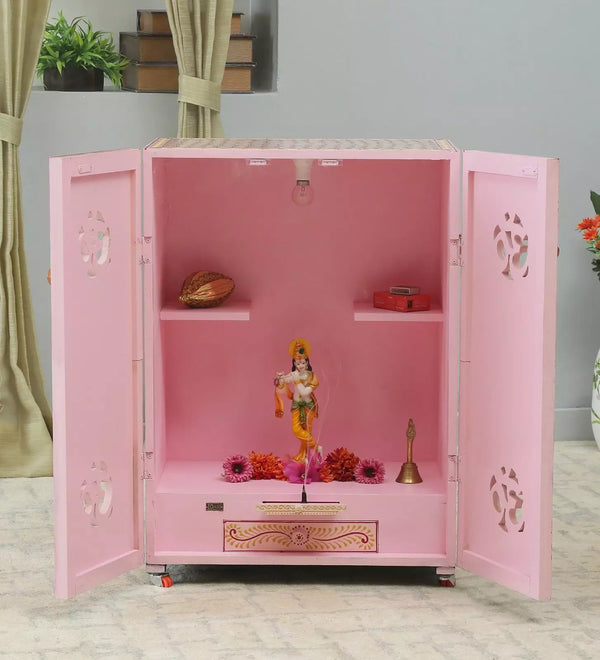 Pink Big Wooden Pooja Cabinet With Door For Home &amp; Office