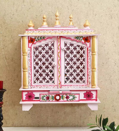 Pink Handpainted Sheesham & MDF Wood Pooja Temple For Home & Office