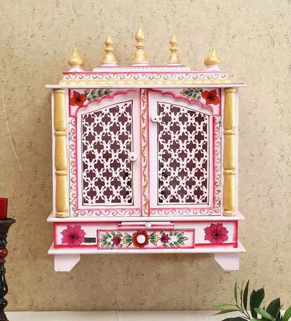 Pink Handpainted Sheesham & MDF Wood Pooja Temple For Home & Office