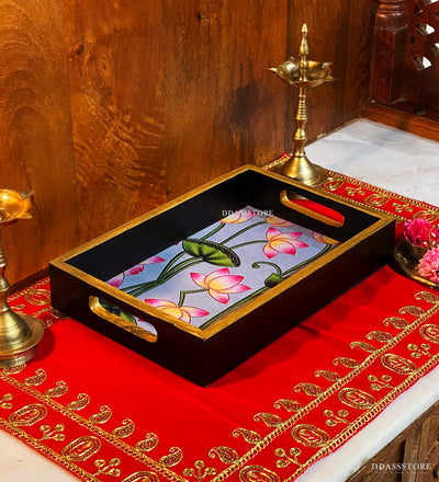 Pink Lotus Wooden Pooja Tray & Thali for Home Temple
