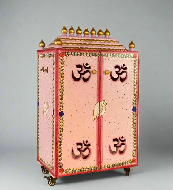 Pink MDF Sheesham Wooden Pooja Cabinet With Gopuram