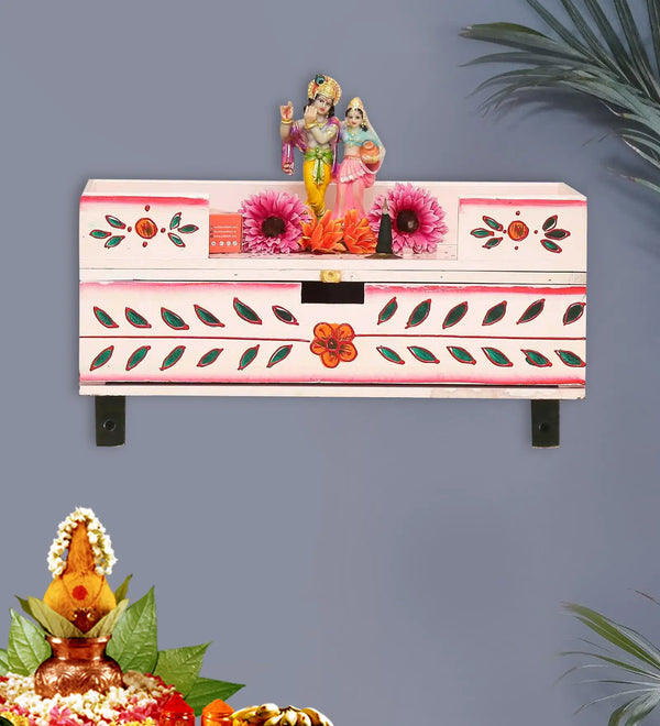 Pink Wall Hanging Wooden Pooja Chowki For Home &amp; Office