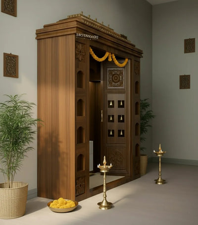 Sri Varah Solid Wood Pooja Room with Gopuram | DDSRM02 - D'DASS Store