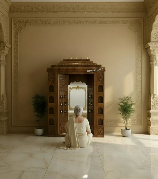 Sri Varah Solid Wood Pooja Room with Gopuram | DDSRM02 - D'DASS Store