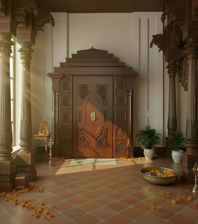 Sri ISKON Solid Wood Pooja Room with Gopuram | DDSRM04 - D'DASS Store