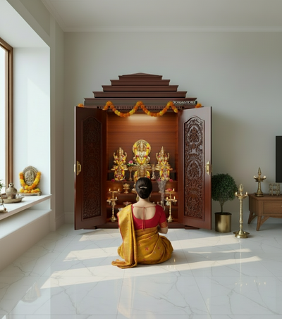 Sri ISKON Solid Wood Pooja Room with Gopuram | DDSRM04 - D'DASS Store