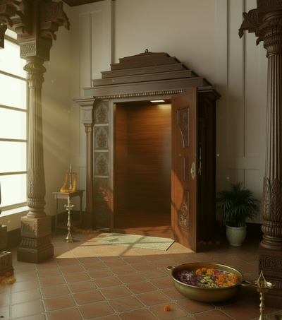 Sri ISKON Solid Wood Pooja Room with Gopuram | DDSRM04