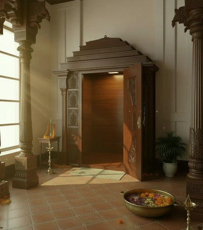 Sri ISKON Solid Wood Pooja Room with Gopuram | DDSRM04 - D'DASS Store