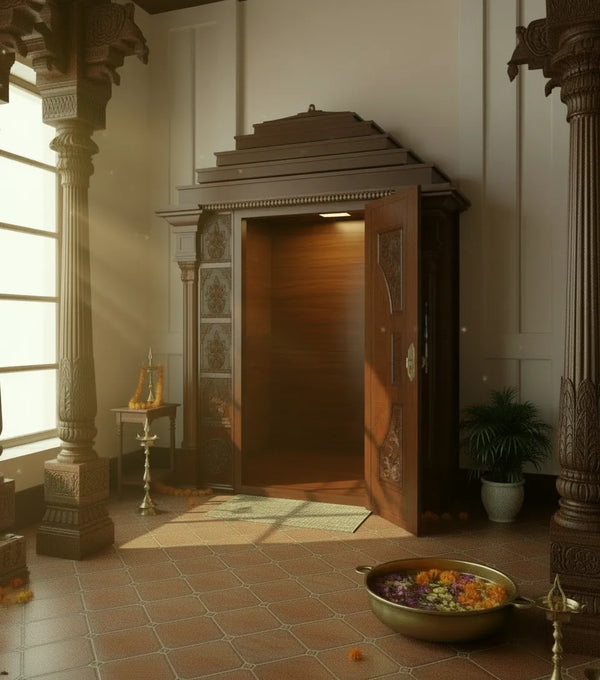 Sri ISKON Solid Wood Pooja Room with Gopuram | DDSRM04 - D'DASS Store