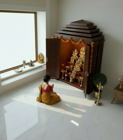 Sri ISKON Solid Wood Pooja Room with Gopuram | DDSRM04