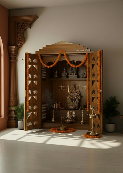 Sri Sita Ram Solid Wood Pooja Room with Gopuram | DDSRM03 - D'DASS Store
