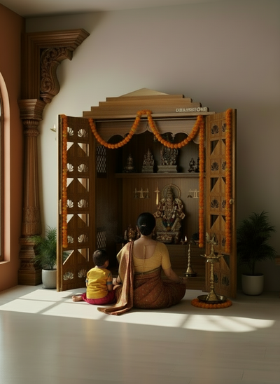 Sri Sita Ram Solid Wood Pooja Room with Gopuram | DDSRM03 - D'DASS Store