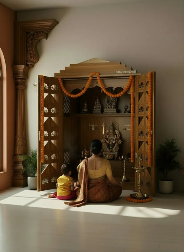 Sri Sita Ram Solid Wood Pooja Room with Gopuram | DDSRM03 - D'DASS Store