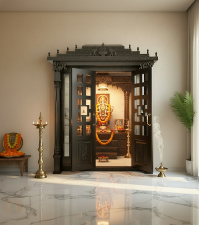 Sri Meenakshi Solid Wood Pooja Room with Gopuram | DDSRM01 - D'DASS Store