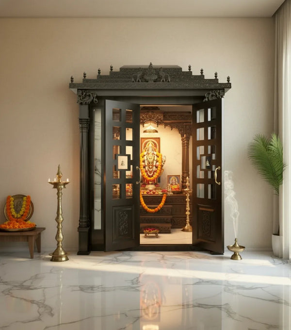 Sri Meenakshi Solid Wood Pooja Room with Gopuram | DDSRM01 - D'DASS Store