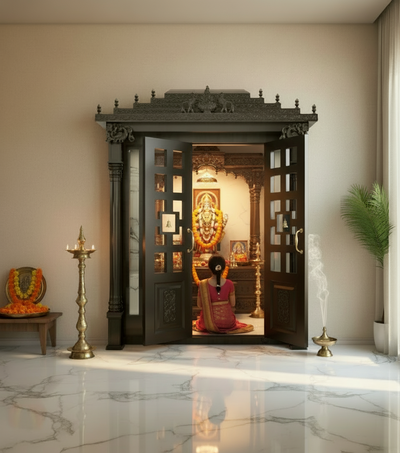 Sri Meenakshi Solid Wood Pooja Room with Gopuram | DDSRM01 - D'DASS Store