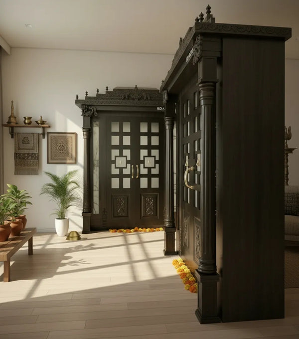 Sri Meenakshi Solid Wood Pooja Room with Gopuram | DDSRM01