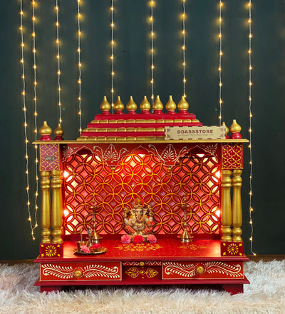 RED Hand Painted Big Wooden LED Pooja Mandir