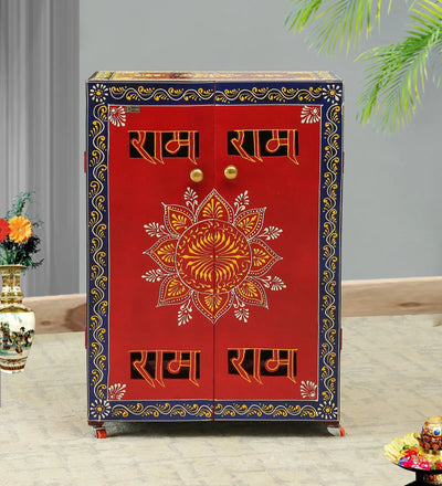 Red Big MDF Wooden Pooja Cabinet With Door For Home &amp; Office