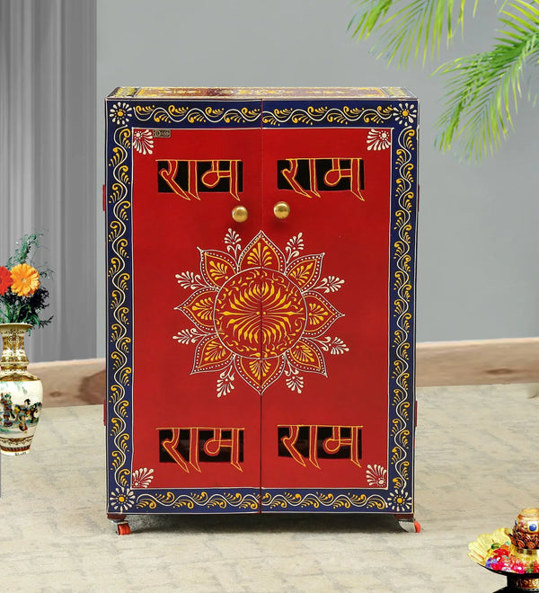 Red Big MDF Wooden Pooja Cabinet With Door For Home &amp; Office
