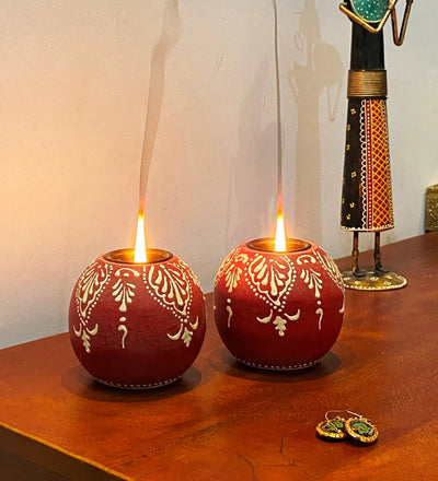 Red Colour Wooden Tea Light Holder (Set Of 2) 
