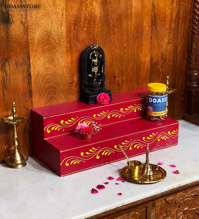 Red Hand painted Wooden Steps Altar for Wooden Home Temple | GOLU Stand Kolu Padi (Set of 2)