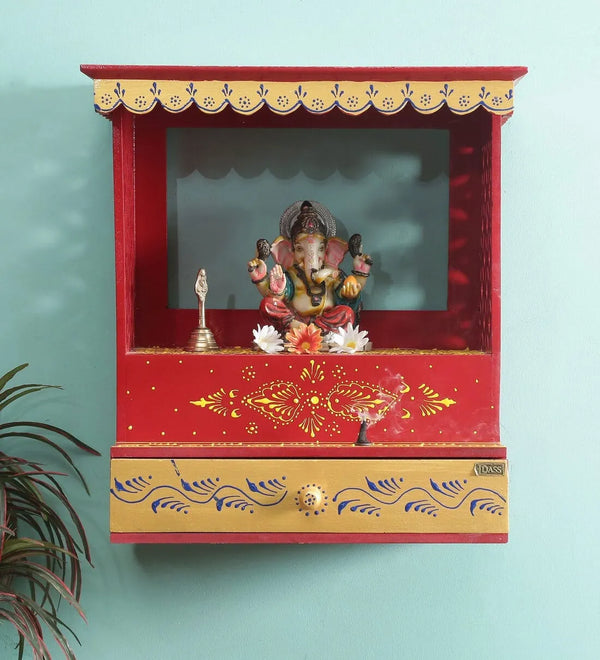 Red Sheesham MDF Wood Pooja Mandir For Home & Office