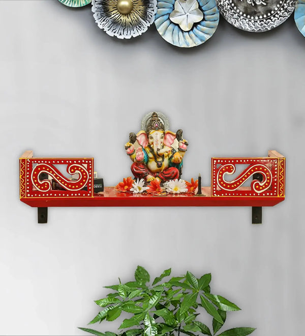 Red Wall Hanging Wooden Home Shelf temple for Pooja