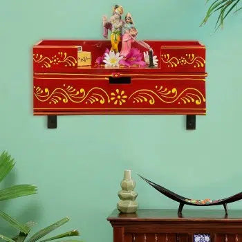 Red Wall Hanging Wooden Pooja Chowki For Home &amp; Office
