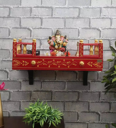 Royal Red Wall Hanging Wooden Home Shelf temple for Pooja | Ganesh Chaturthi