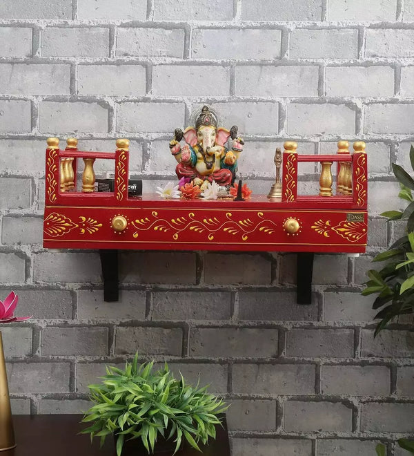 Royal Red Wall Hanging Wooden Home Shelf temple for Pooja | Ganesh Chaturthi