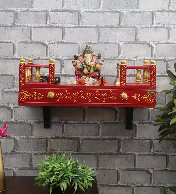 Royal Red Wall Hanging Wooden Home Shelf temple for Pooja | Ganesh Chaturthi