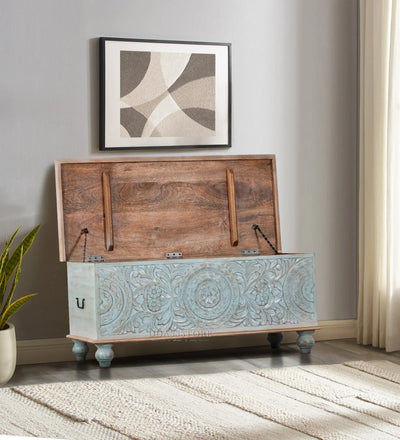 Rustic Blue Solid wood HandCarved Decorative Wooden Trunk & Storage Box