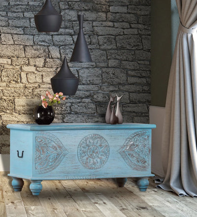 Rustic Blue Solid wood HandCarved Decorative Wooden Trunk & Storage Box
