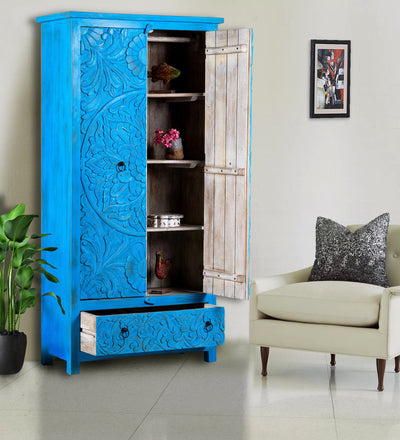 Rustic Blue Wooden HandCarved Wardrobe & Almirah