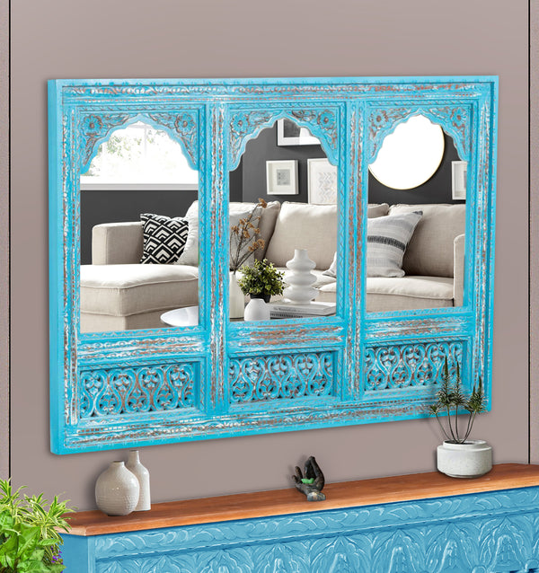Rustic Blue Wooden Hand Carved Dresser & Wall Mirror