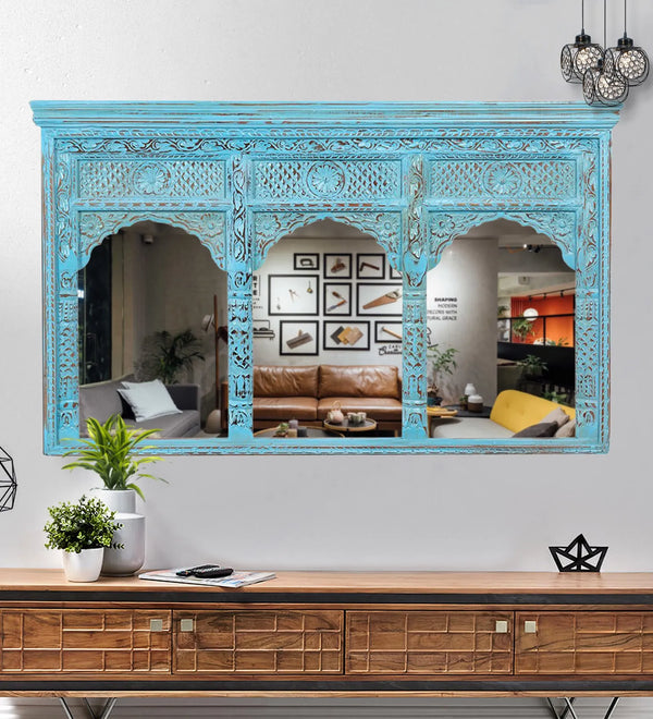Rustic Blue Wooden Hand Carved Dresser & Wall Mirror