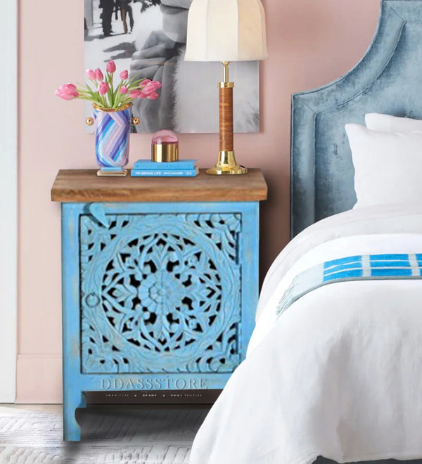Rustic Bluecity Solid wood HandCarved Bedside Table for Bed