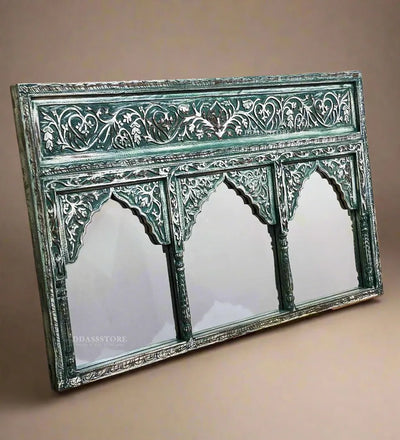Rustic Green Wooden Hand Carved Dresser & Wall Mirror