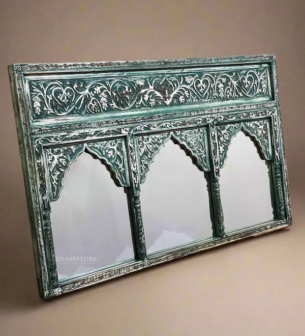 Rustic Green Wooden Hand Carved Dresser & Wall Mirror