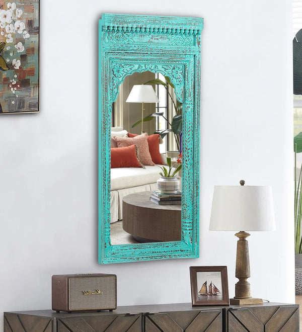 Rustic Green Wooden Hand Carved Dresser & Wall Mirror