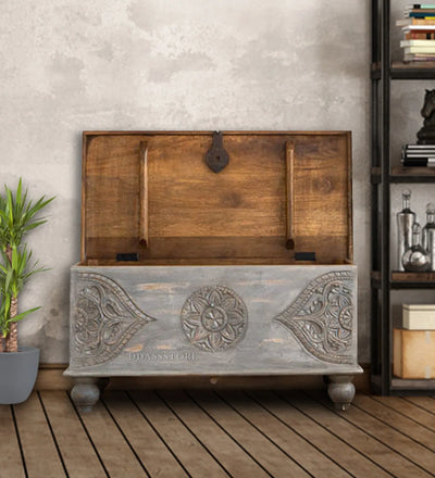 Rustic GreySolid wood HandCarved Decorative Wooden Trunk & Storage Box