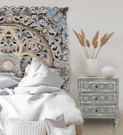 Rustic Grey Solid wood HandCarved Bedside Table for Bed