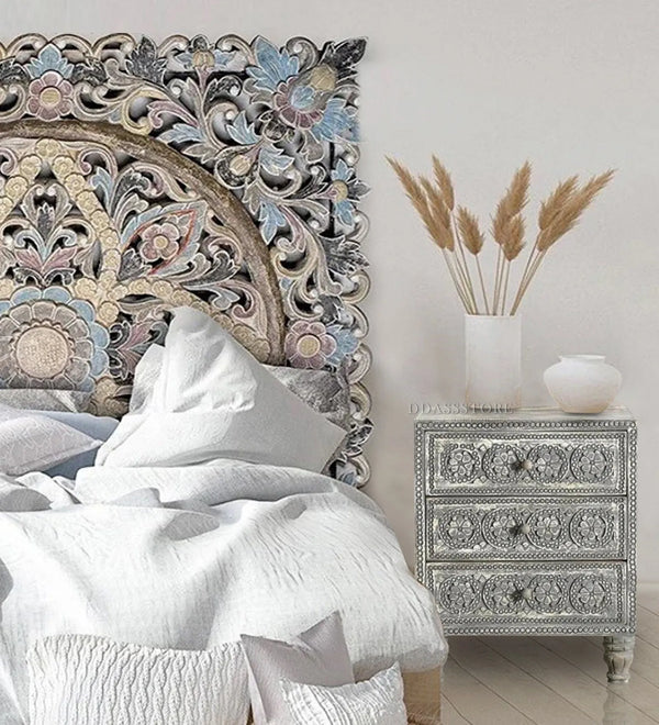 Rustic Grey Solid wood HandCarved Bedside Table for Bed