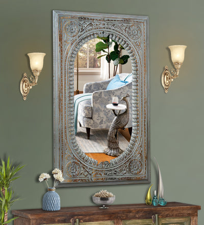 Rustic Grey Wooden Hand Carved Dresser & Wall Mirror