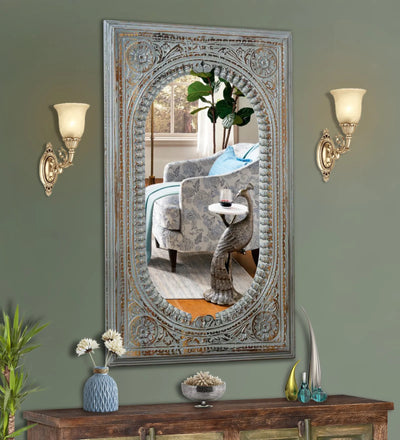 Rustic Grey Wooden Hand Carved Dresser & Wall Mirror