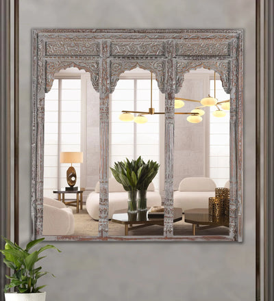 Rustic Grey Wooden Hand Carved Dresser & Wall Mirror