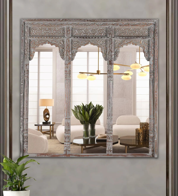 Rustic Grey Wooden Hand Carved Dresser & Wall Mirror