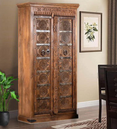 Rustic Honey Wooden HandCarved Wardrobe & Almirah