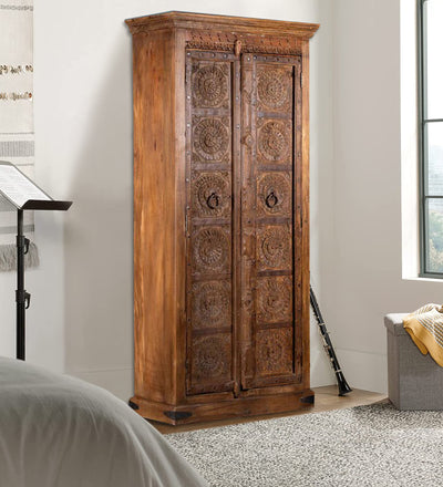 Rustic Honey Wooden HandCarved Wardrobe & Almirah